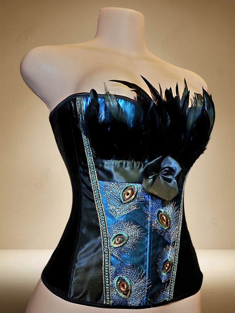 Black Blue Overbust Strapless Boned Corset Lace-Up Back M Embroidered Peacock
